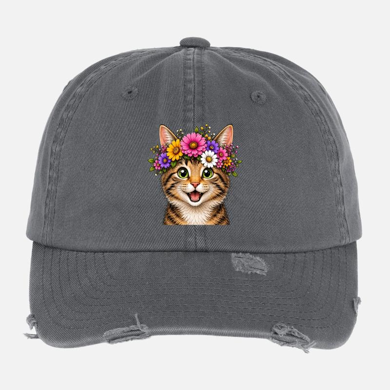 Katze mit Blumenschmuck  Flexfit Vintage Destroyed Cap
