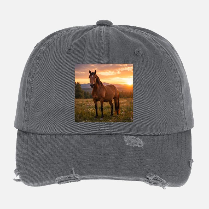 Cheval au coucher du soleil Casquette vintage effet usé Flexfit