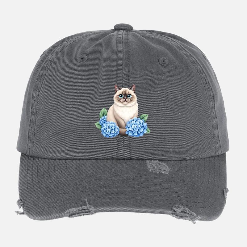Cute Ragdoll Cat with Blue Hydrangeas Flexfit Vintage Destroyed Cap