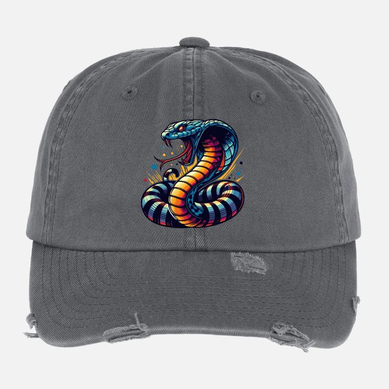 dynamisches und farbenfrohes Cobra-Schlangen Motiv Flexfit Vintage Destroyed Cap