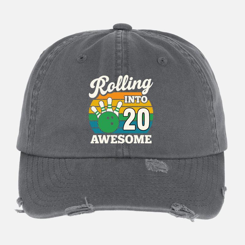 Bowling 20th Birthday Celebration Graphic Flexfit Vintage Destroyed Cap