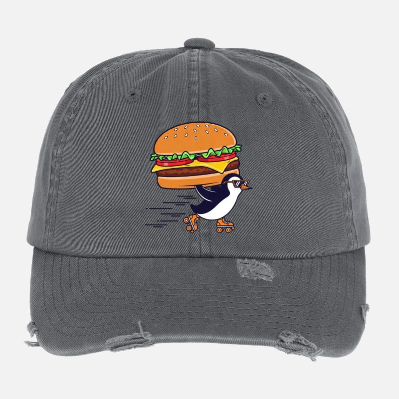Funny Penguin Cheeseburger Cool Roller Skates Flexfit Vintage Destroyed Cap
