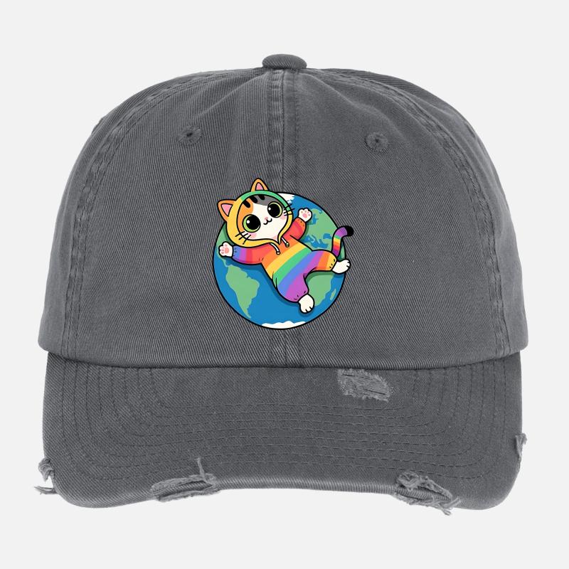 Rainbow cat on planet Earth Flexfit Vintage Destroyed Cap