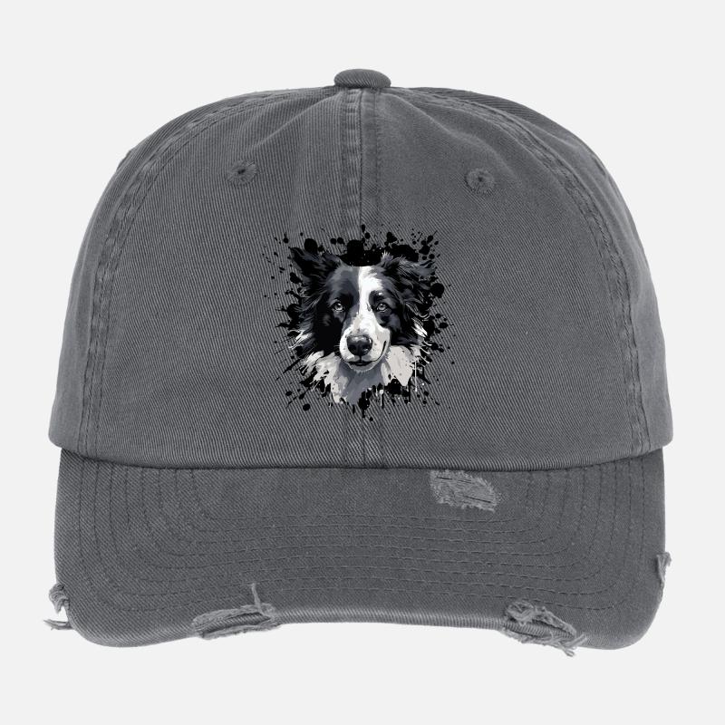 Portrait du Border Collie en niveaux de gris Casquette vintage effet usé Flexfit
