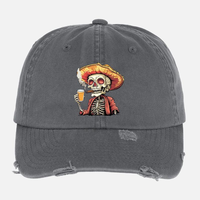 Skelett Totenkopf Totenschädel Zigarre Schnaps Flexfit Vintage Destroyed Cap