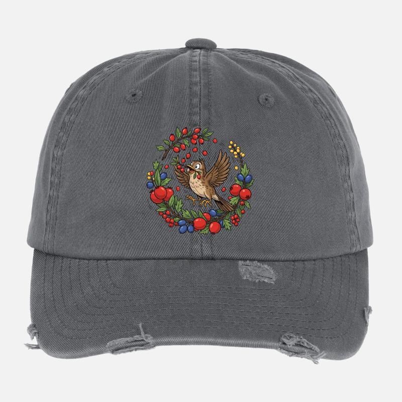 Fröhlicher Vogel im Beerenkranz Flexfit Vintage Destroyed Cap