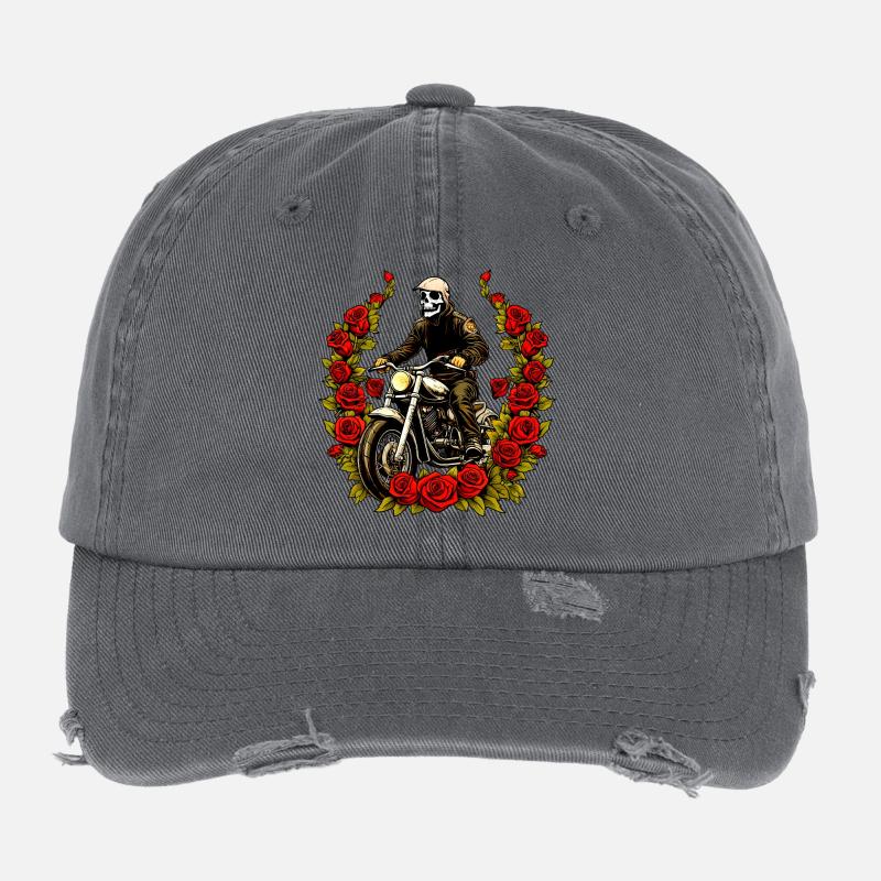 Motorcycle Skeleton Roses Flexfit Vintage Destroyed Cap