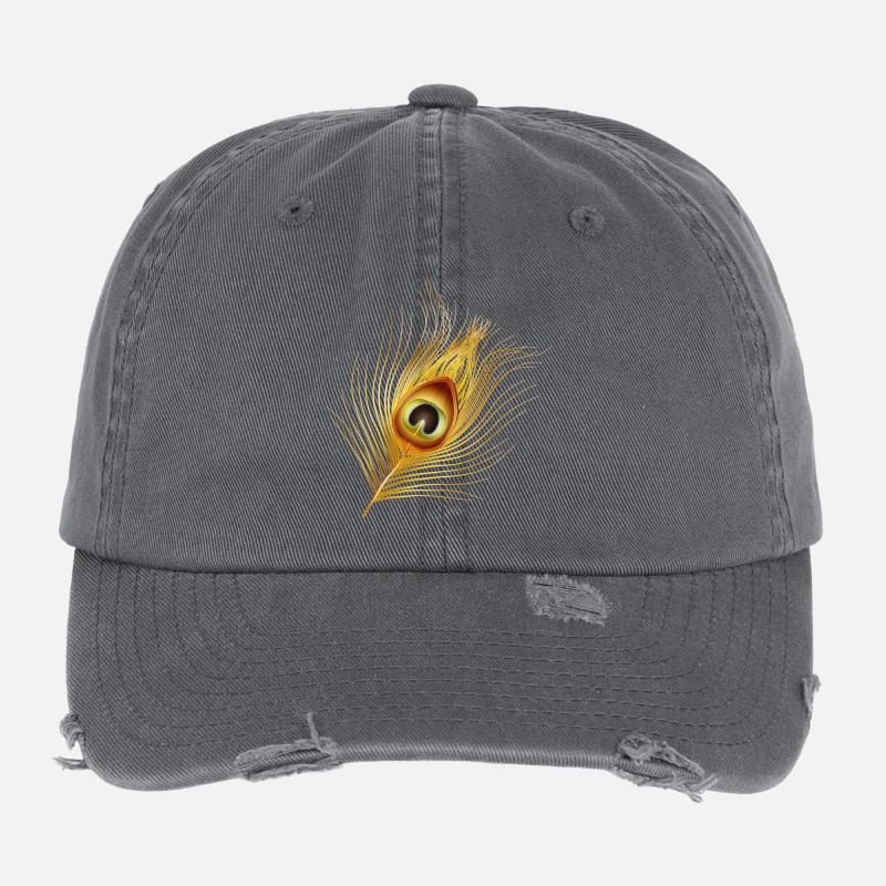 plume de paon dorée dessinée à la main Casquette vintage effet usé Flexfit