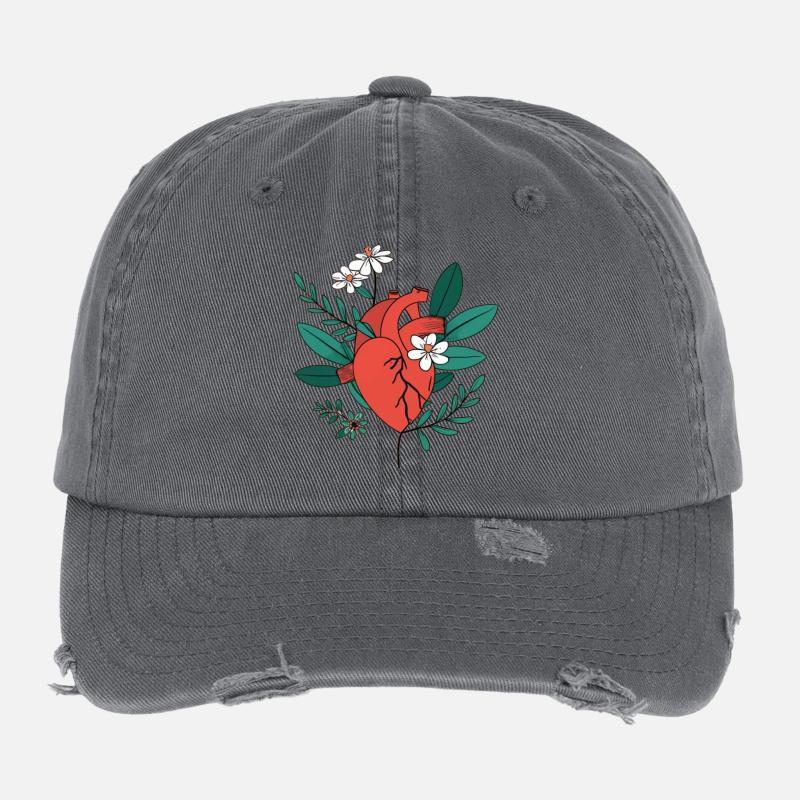 Anatomisches Herz in floraler Blüte Flexfit Vintage Destroyed Cap