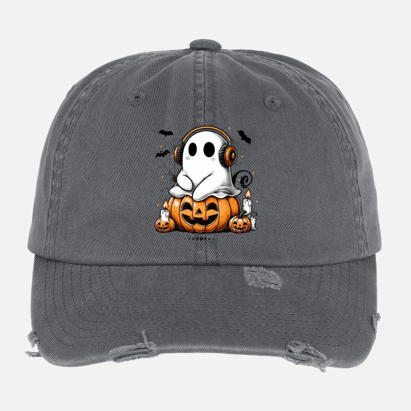 fantôme cool avec des écouteurs sur la citrouille d’halloween Casquette vintage effet usé Flexfit
