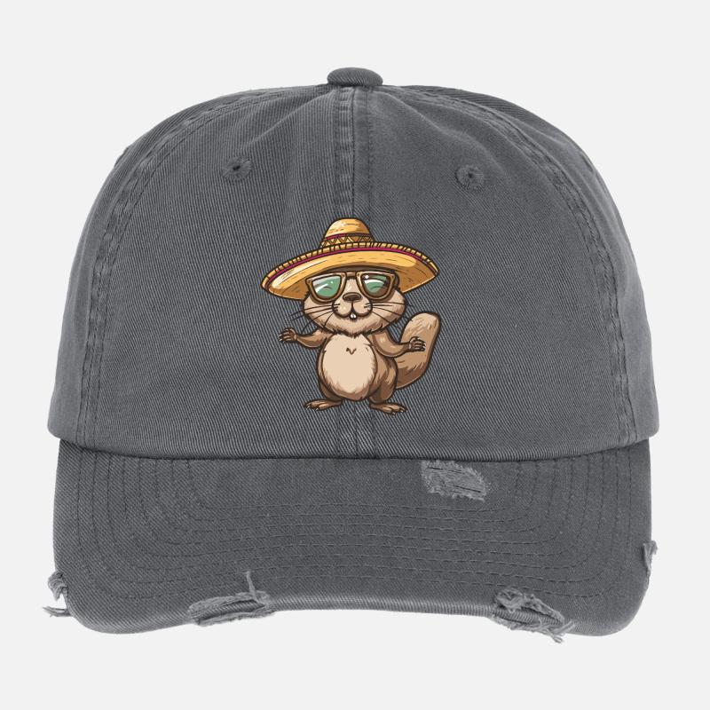 Beaver Comic Funny Sombrero Flexfit Vintage Destroyed Cap