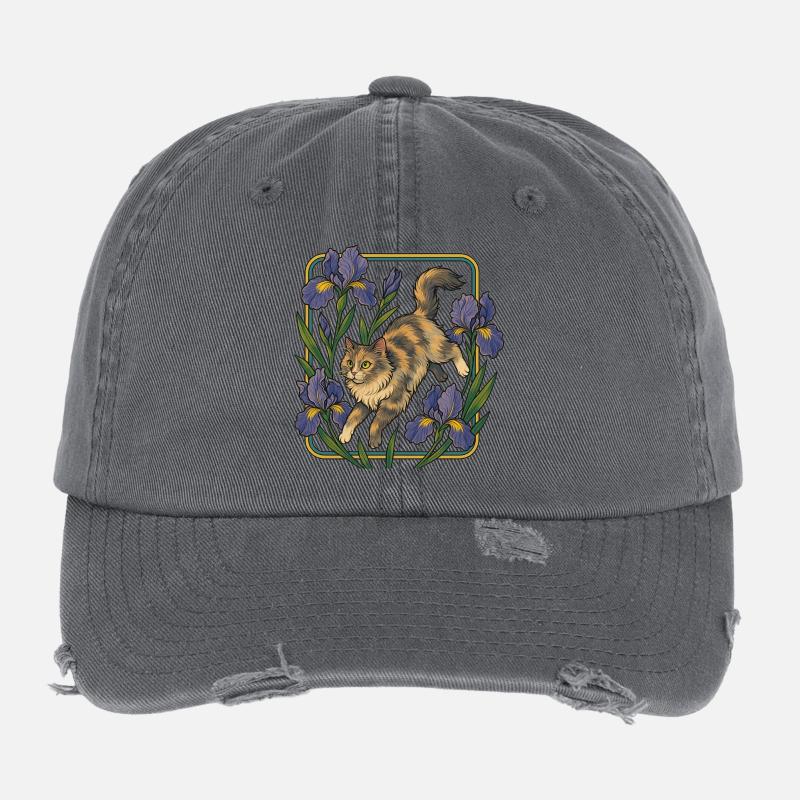 Elegante Katze unter Irisblumen Flexfit Vintage Destroyed Cap