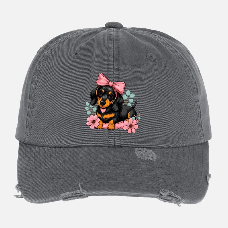 Teckel avec ruban rose et fleurs Casquette vintage effet usé Flexfit