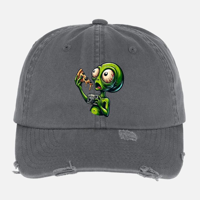 Alien mit Pizza und Kamera Flexfit Vintage Destroyed Cap