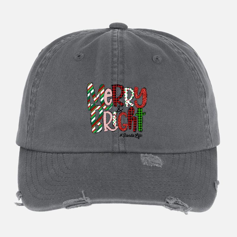 Merry Bright Festive Plaid Pattern Flexfit Vintage Destroyed Cap