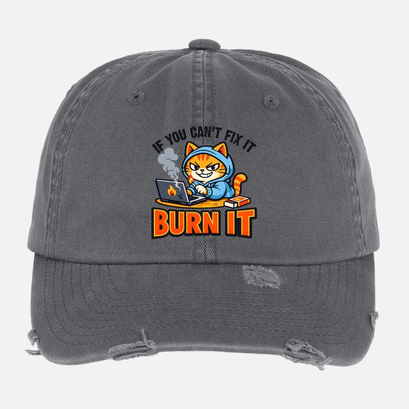 Informatiker Katze Burn It - Lustiger Spruch Flexfit Vintage Destroyed Cap
