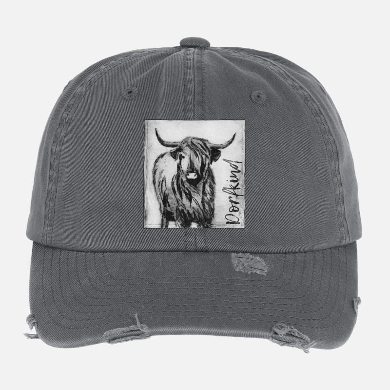 Dorfkind mit Rind - handgeschnitzte Druckvorlage Flexfit Vintage Destroyed Cap