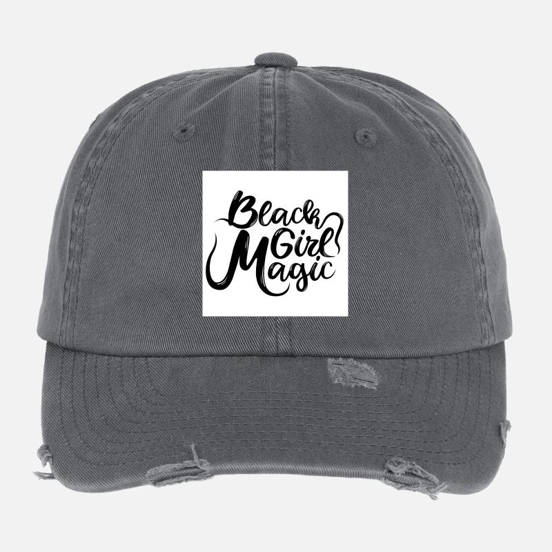 Schwarz-Mädchen-Magie 1 schwarzer Text Flexfit Vintage Destroyed Cap