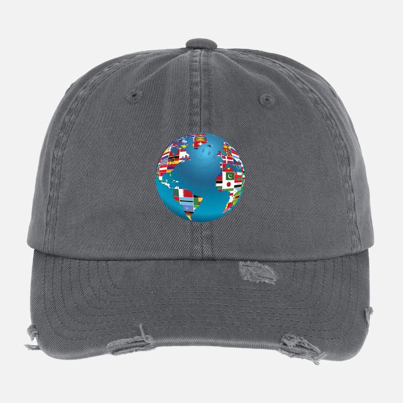 Carte du monde globe terrestre globe pays drapeaux continents Casquette vintage effet usé Flexfit