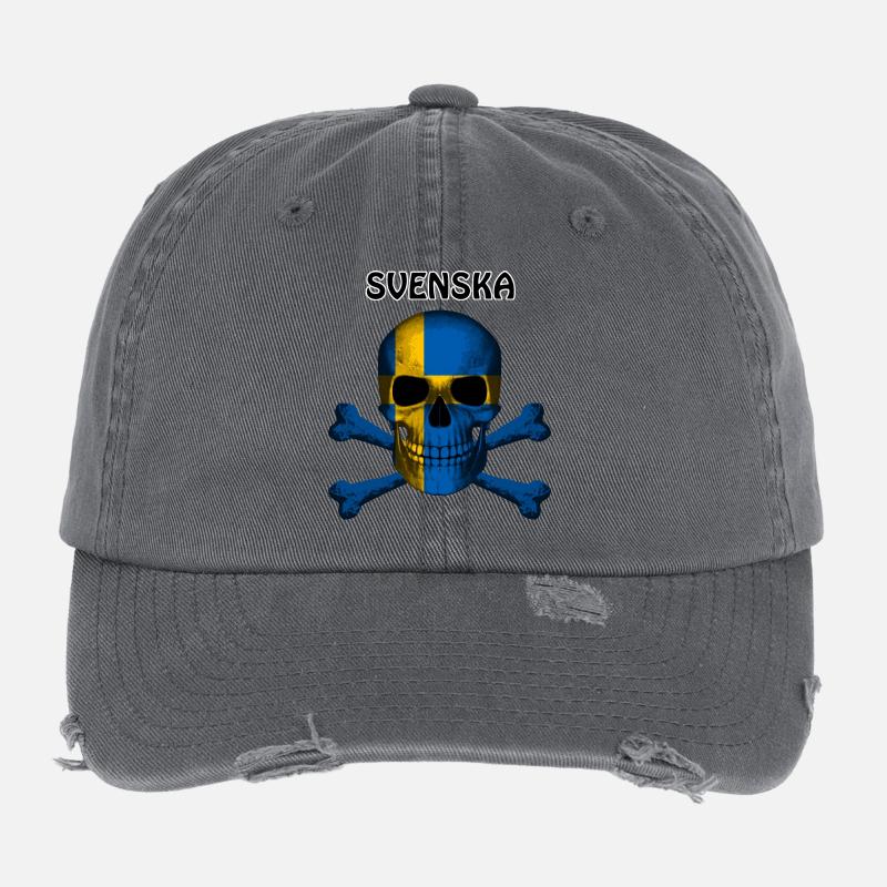 Skull Jolly Roger Pirate Flag Svenska R6Z Flexfit Vintage Destroyed Cap