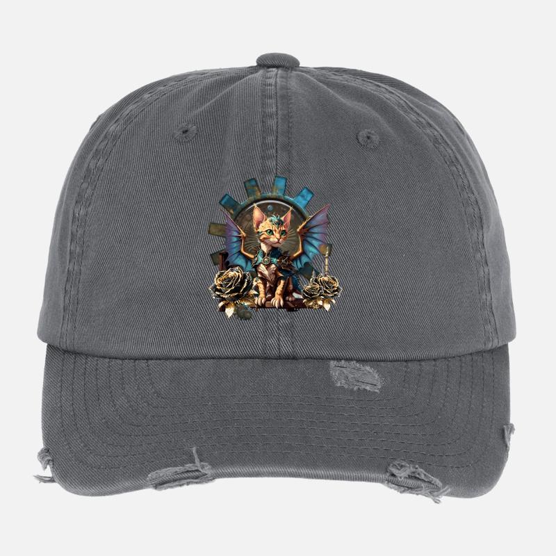 Wunderbare Fantasy-Steampunk-Katze. Flexfit Vintage Destroyed Cap