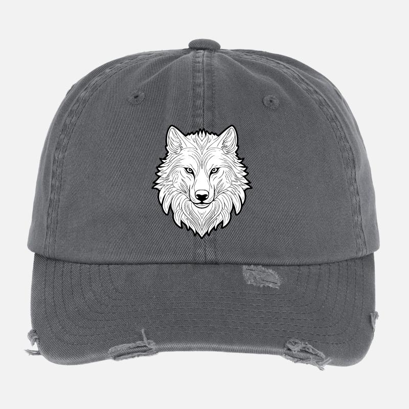 Grafischer Wolfkopf in Schwarzweiß Flexfit Vintage Destroyed Cap