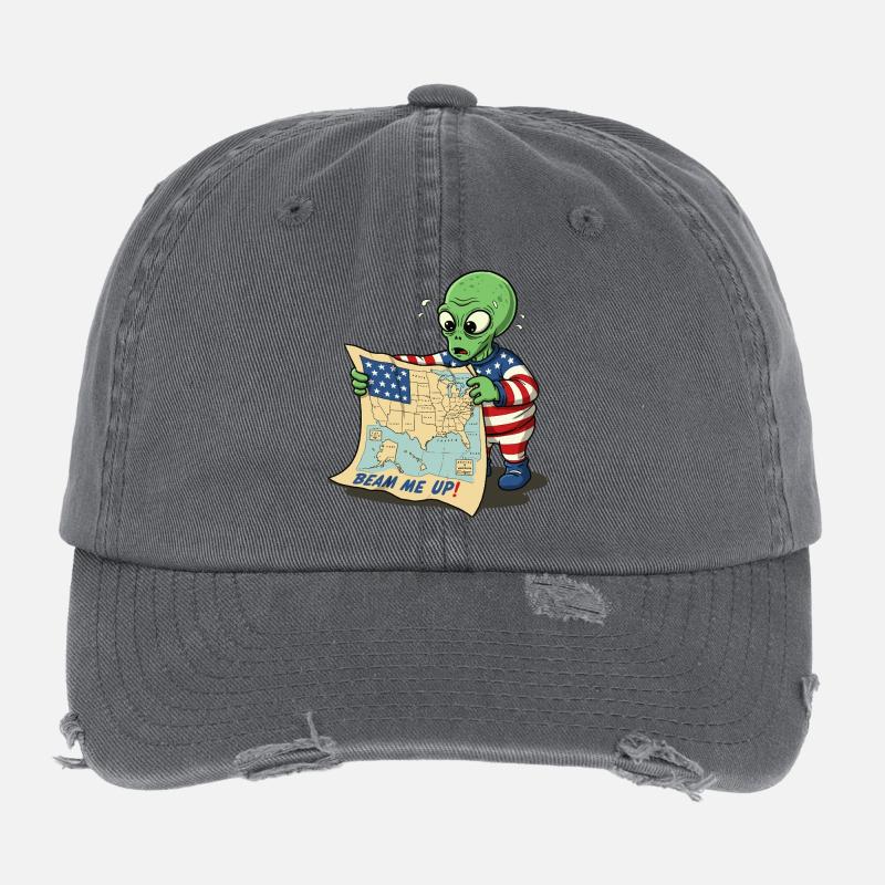 Cute Alien with USA Map Flexfit Vintage Destroyed Cap
