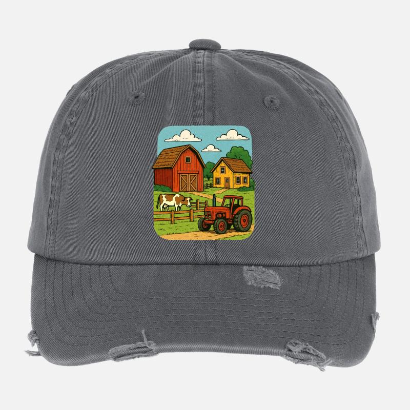 Ländliche Farm mit rotem Traktor Flexfit Vintage Destroyed Cap