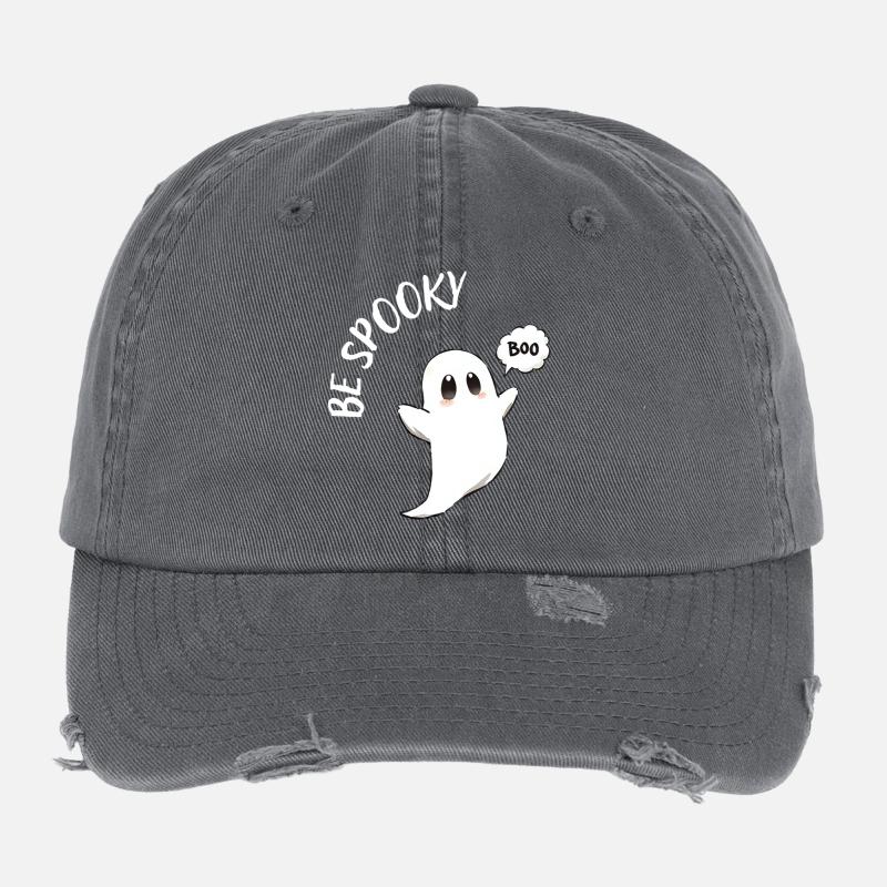 Haunted Ghost Boo Motif Flexfit Vintage Destroyed Cap