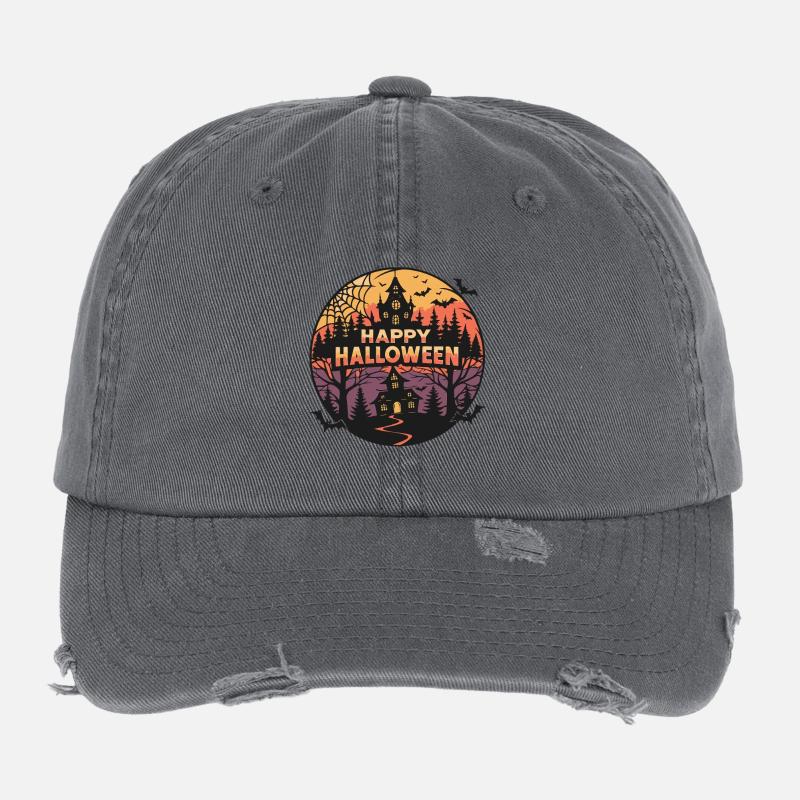 Halloween Ghostly Castle Flexfit Vintage Destroyed Cap