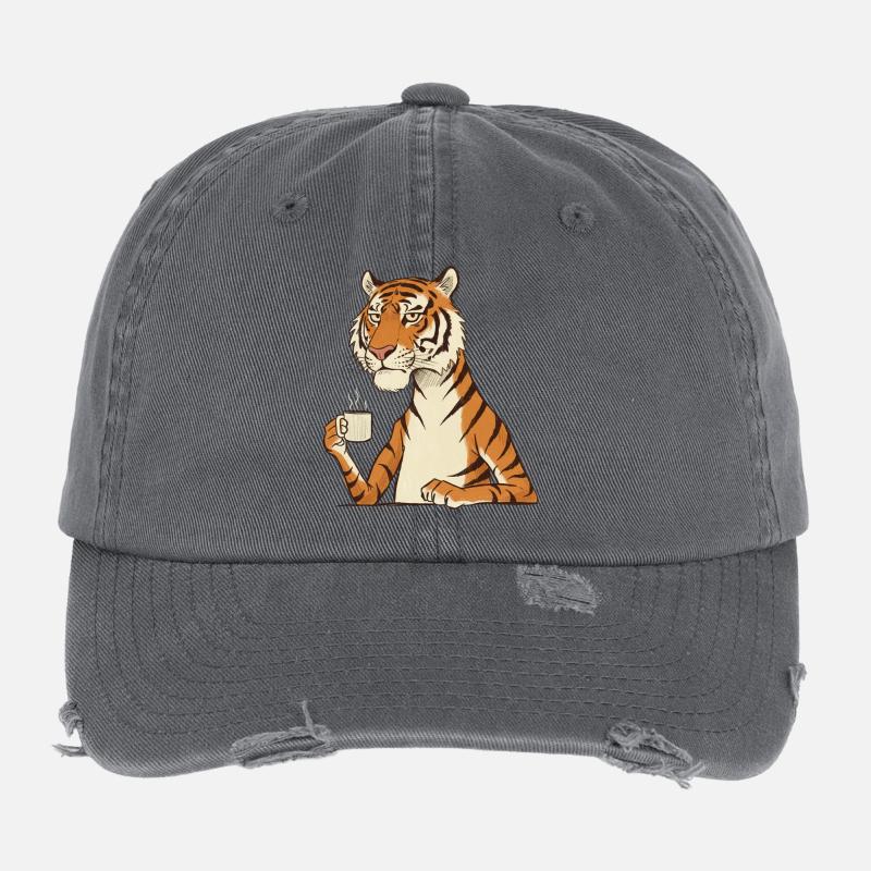 Müder Tiger mit Kaffee – Lustiges Motiv Flexfit Vintage Destroyed Cap