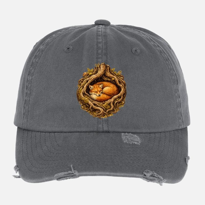 Renard endormi dans la structure racinaire – motif forestier Casquette vintage effet usé Flexfit