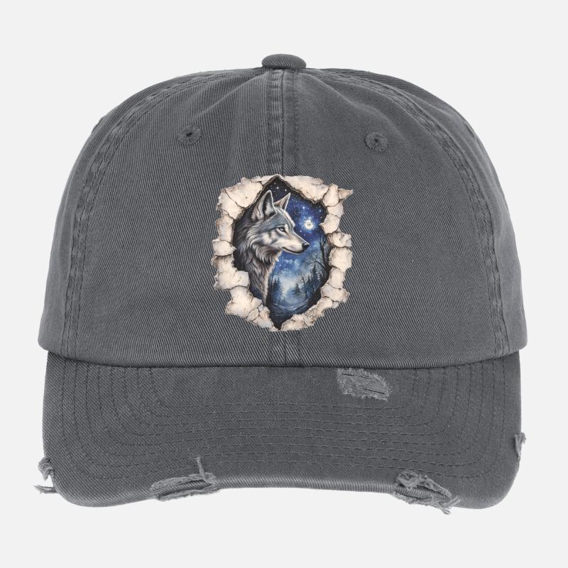 Loup au ciel étoilé Casquette vintage effet usé Flexfit