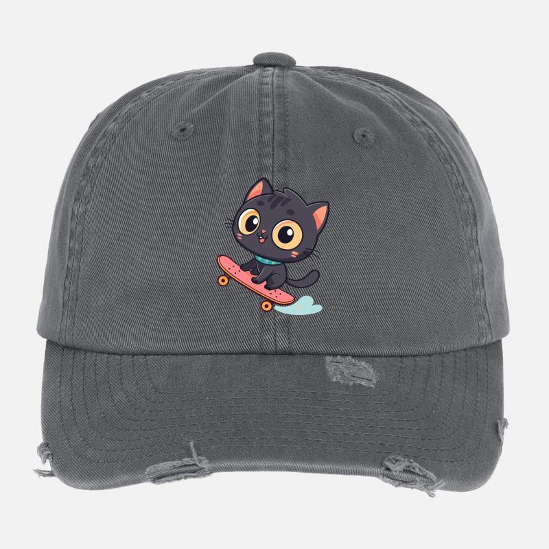 Chat skateboard noir kawaii Casquette vintage effet usé Flexfit