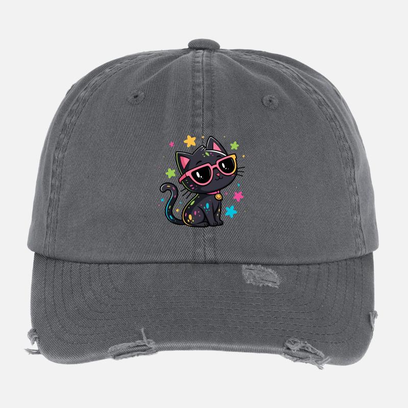 Schwarzes Katzenkonfetti und rosa Brille Flexfit Vintage Destroyed Cap