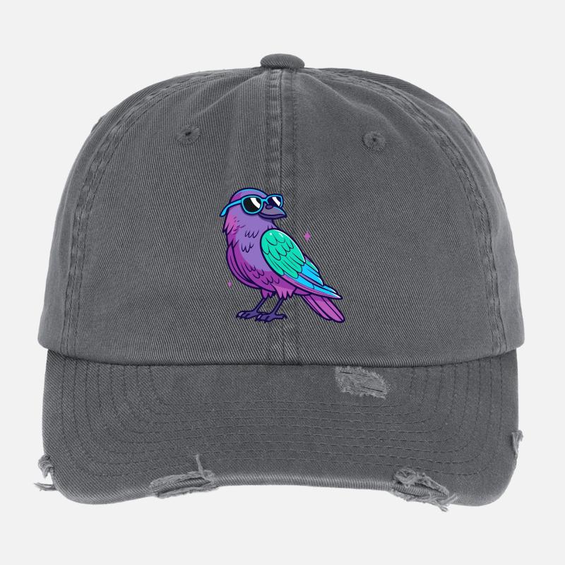 Lila Vogel Neonblaue Brille Flexfit Vintage Destroyed Cap