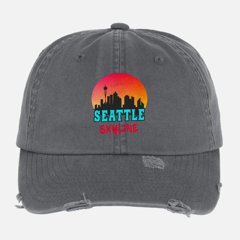 Seattle skyline at sunset/gift - Flexfit Vintage Destroyed Cap - dark grey