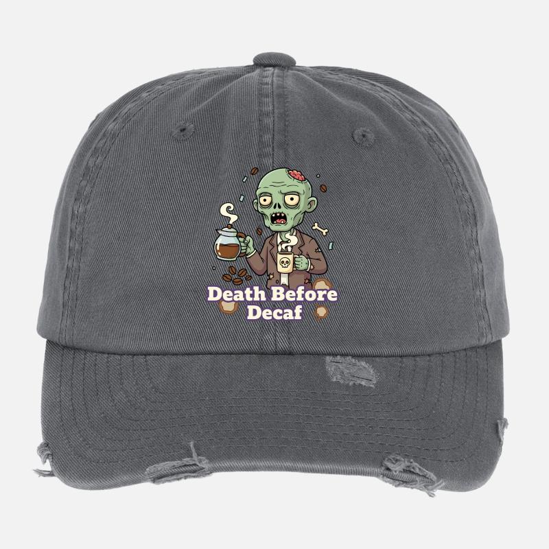 Zombie Coffee Death Before Decaf Flexfit Vintage Destroyed Cap