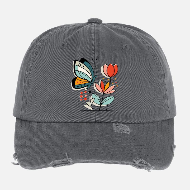 Schmetterling fliegt zu Blüten Flexfit Vintage Destroyed Cap