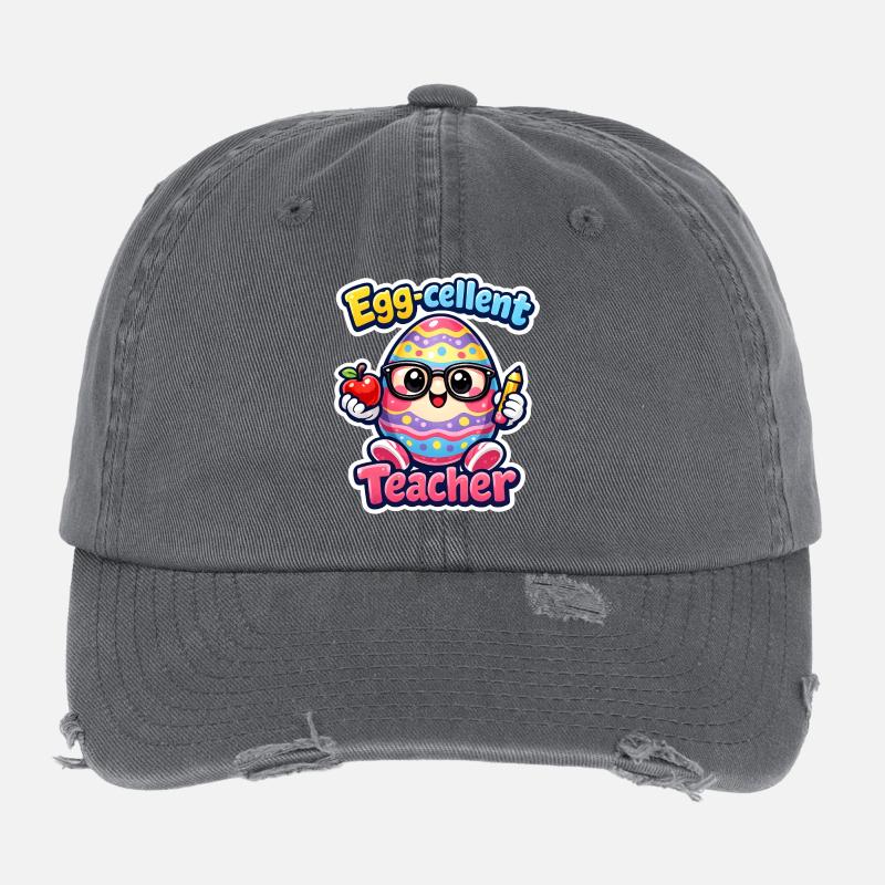 Eggcellent Teacher Cartoon Easter Egg Flexfit Vintage Destroyed Cap