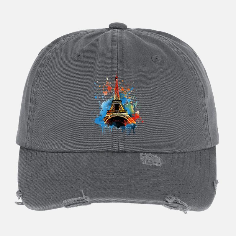 Paris Eiffel Tower Skyline France Splash Colorful Flexfit Vintage Destroyed Cap