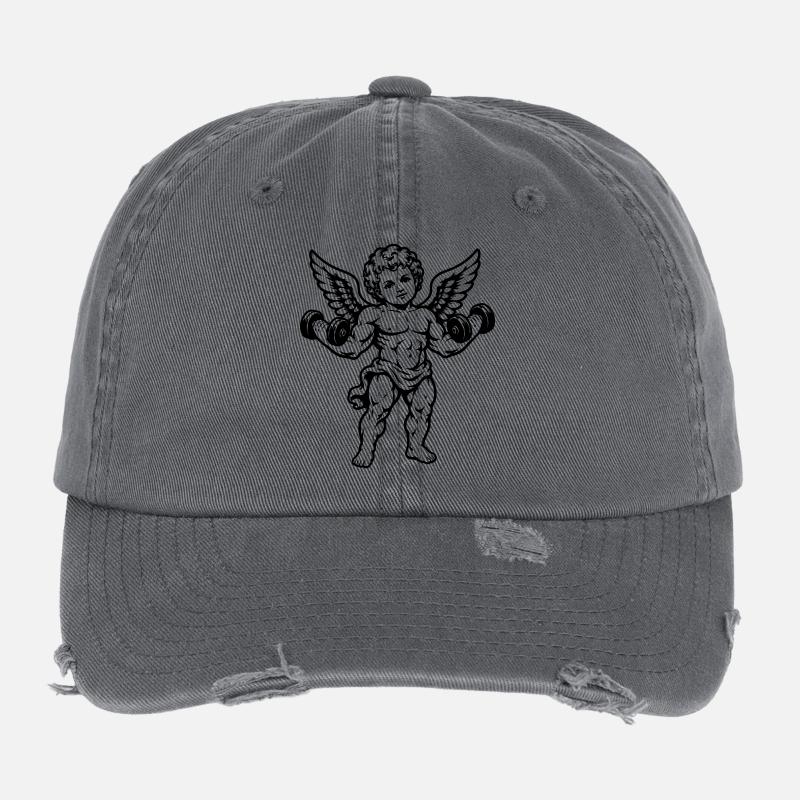 Strong cherub exercising with dumbbells Flexfit Vintage Destroyed Cap