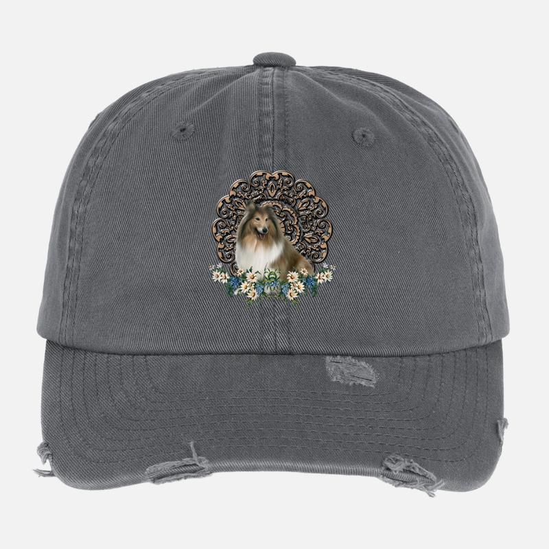 Collie mignon avec des fleurs Casquette vintage effet usé Flexfit