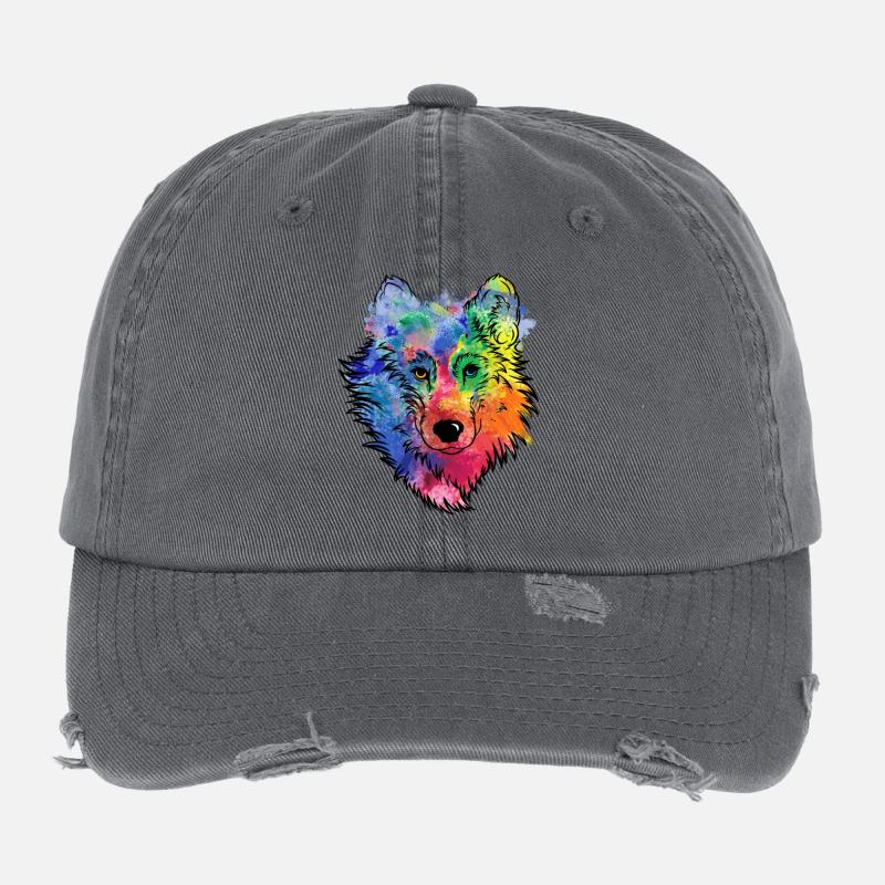 Wolfs Gesicht bunt Aquarell Wolfskopf Flexfit Vintage Destroyed Cap