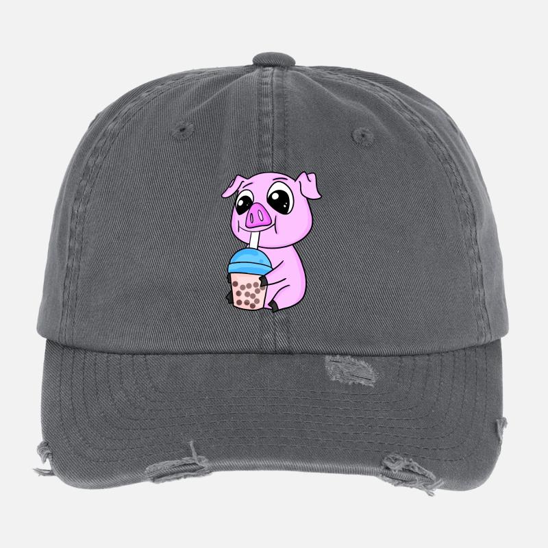 Pork Bubble tea Motif Flexfit Vintage Destroyed Cap