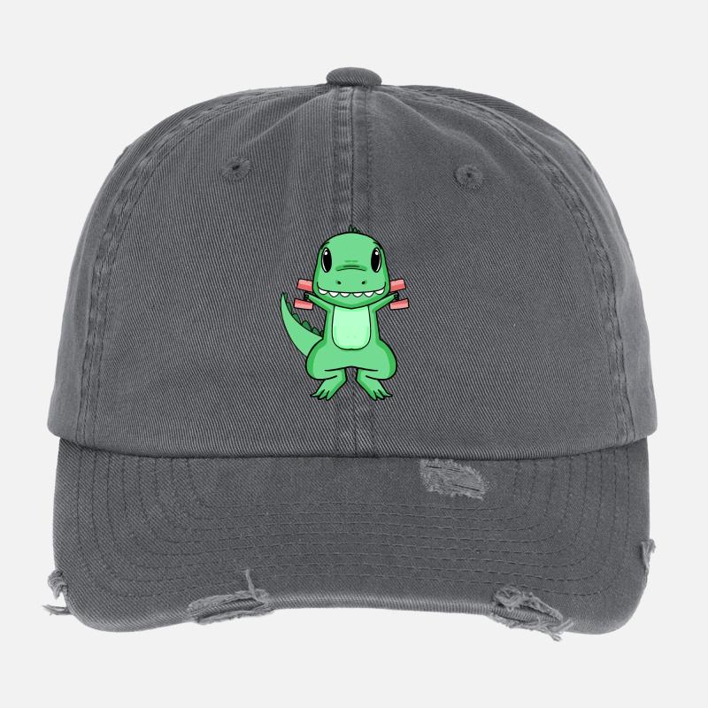 Dino Dumbbell Training Strength Training Gift Flexfit Vintage Destroyed Cap
