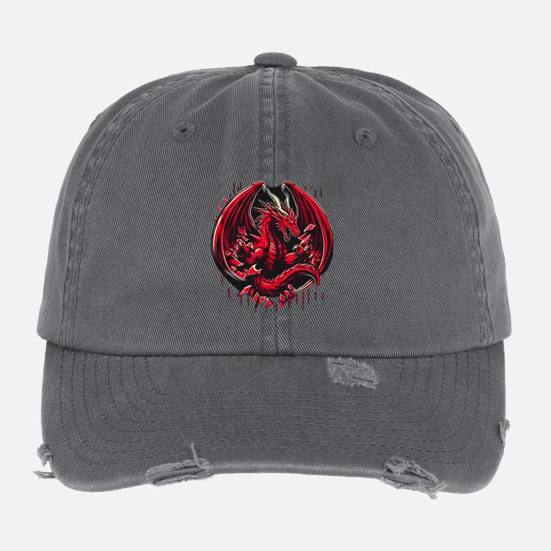 Mystery Legendary Red Fire Dragon Mythical 3D Epic Flexfit Vintage Destroyed Cap