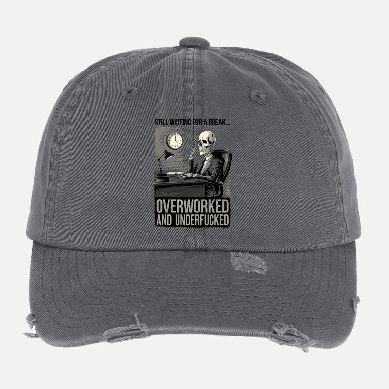 Overworked & Underf***ed Corporate Skeleton Humor Flexfit Vintage Destroyed Cap