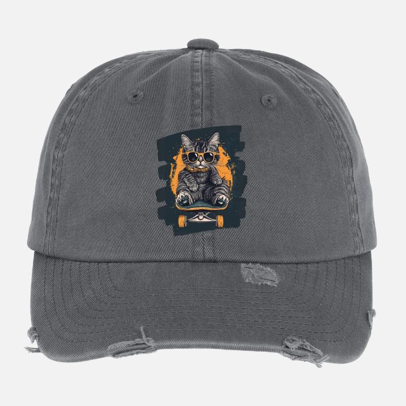 Chat sur skateboard Casquette vintage effet usé Flexfit