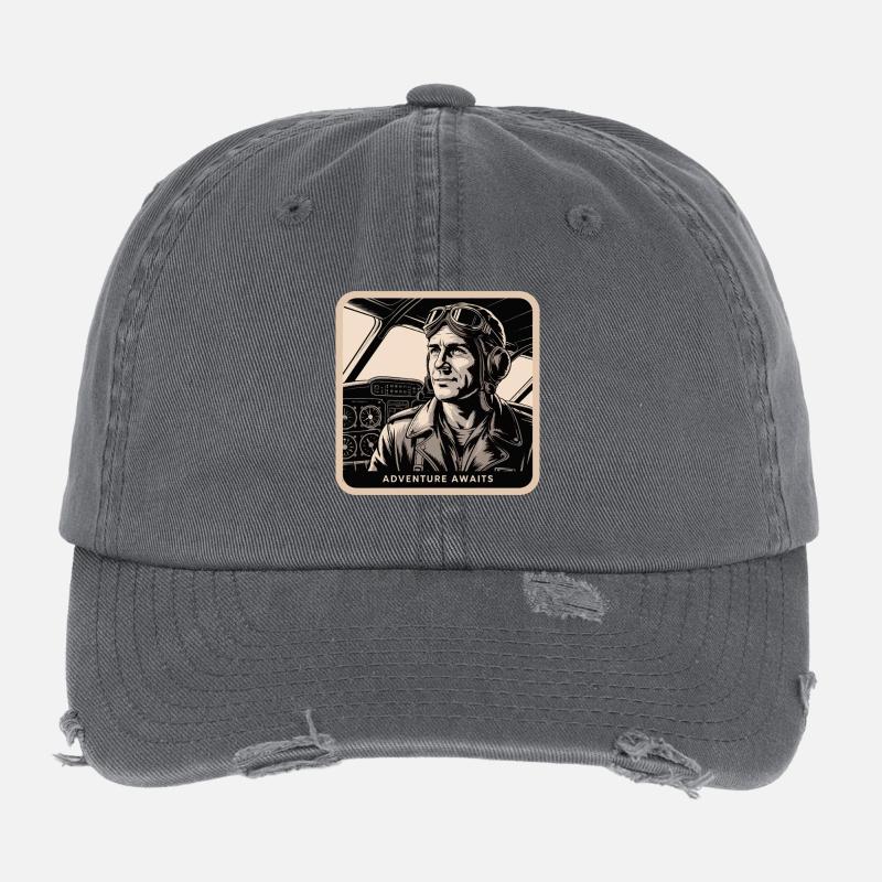 PILOT, ADVENTURE AWAITS Flexfit Vintage Destroyed Cap